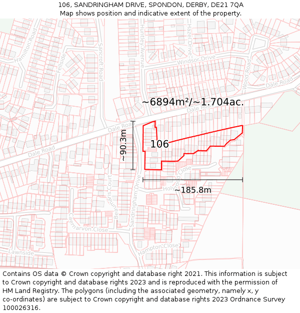 106, SANDRINGHAM DRIVE, SPONDON, DERBY, DE21 7QA: Plot and title map