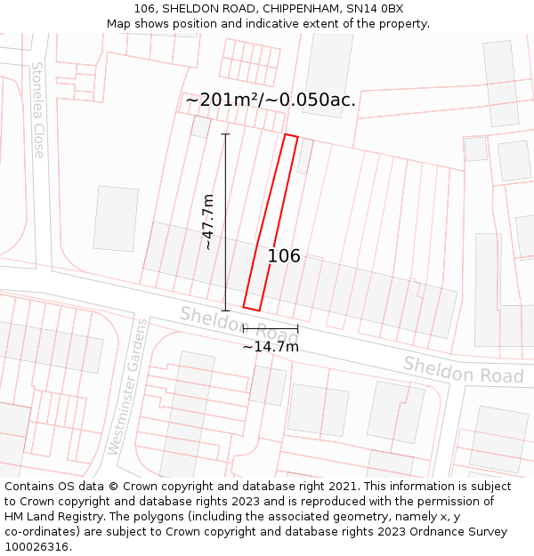 106, SHELDON ROAD, CHIPPENHAM, SN14 0BX: Plot and title map