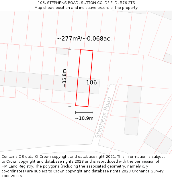 106, STEPHENS ROAD, SUTTON COLDFIELD, B76 2TS: Plot and title map