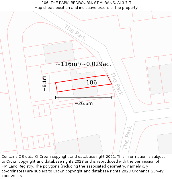 106, THE PARK, REDBOURN, ST ALBANS, AL3 7LT: Plot and title map