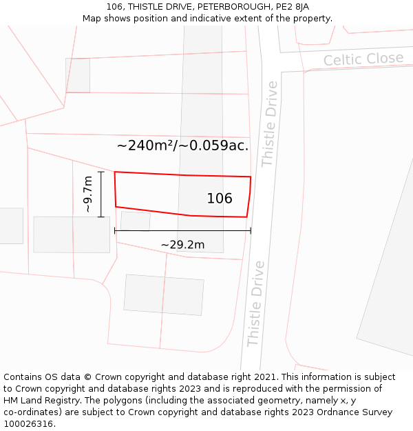 106, THISTLE DRIVE, PETERBOROUGH, PE2 8JA: Plot and title map