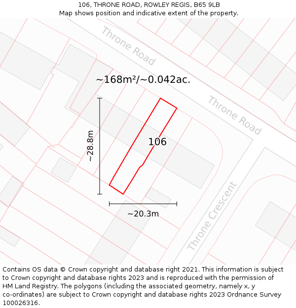 106, THRONE ROAD, ROWLEY REGIS, B65 9LB: Plot and title map