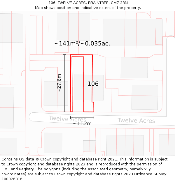 106, TWELVE ACRES, BRAINTREE, CM7 3RN: Plot and title map