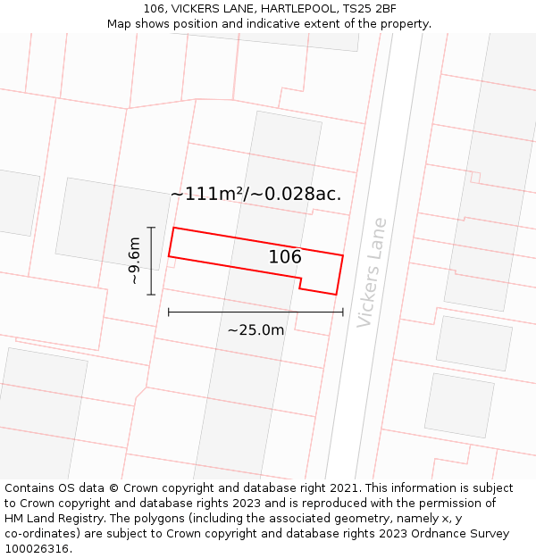106, VICKERS LANE, HARTLEPOOL, TS25 2BF: Plot and title map