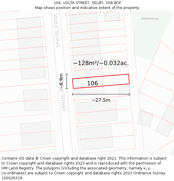 106, VOLTA STREET, SELBY, YO8 8DF: Plot and title map
