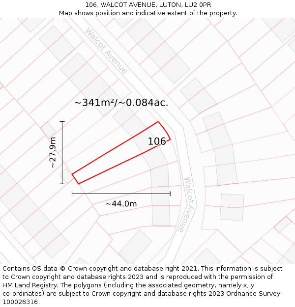 106, WALCOT AVENUE, LUTON, LU2 0PR: Plot and title map