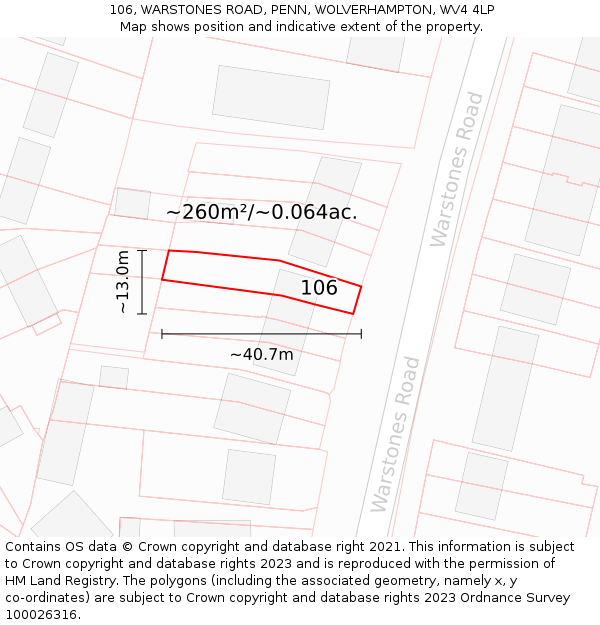 106, WARSTONES ROAD, PENN, WOLVERHAMPTON, WV4 4LP: Plot and title map