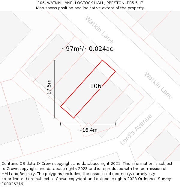 106, WATKIN LANE, LOSTOCK HALL, PRESTON, PR5 5HB: Plot and title map