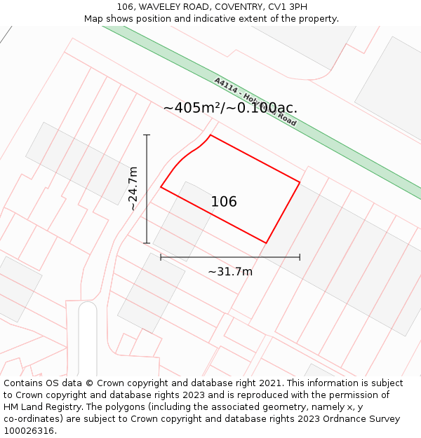 106, WAVELEY ROAD, COVENTRY, CV1 3PH: Plot and title map