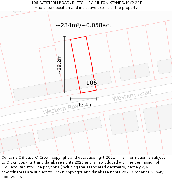106, WESTERN ROAD, BLETCHLEY, MILTON KEYNES, MK2 2PT: Plot and title map