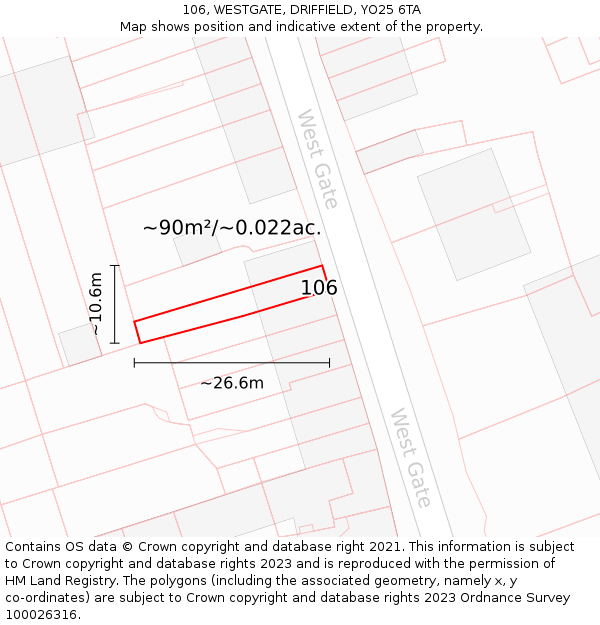 106, WESTGATE, DRIFFIELD, YO25 6TA: Plot and title map