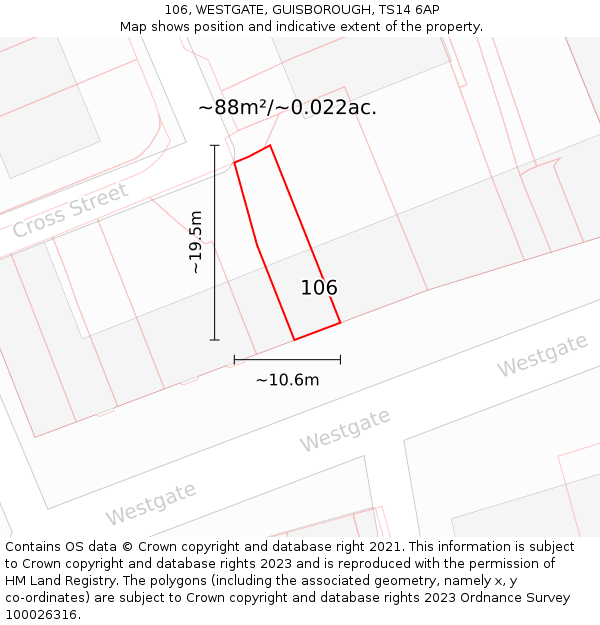 106, WESTGATE, GUISBOROUGH, TS14 6AP: Plot and title map