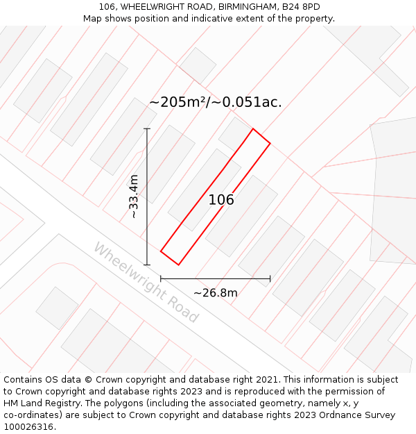 106, WHEELWRIGHT ROAD, BIRMINGHAM, B24 8PD: Plot and title map