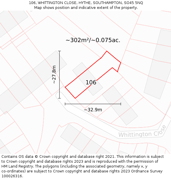 106, WHITTINGTON CLOSE, HYTHE, SOUTHAMPTON, SO45 5NQ: Plot and title map