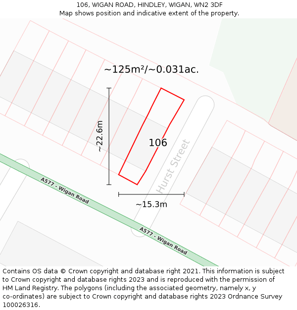 106, WIGAN ROAD, HINDLEY, WIGAN, WN2 3DF: Plot and title map