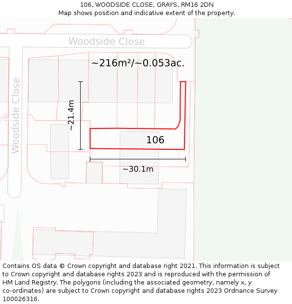 106, WOODSIDE CLOSE, GRAYS, RM16 2DN: Plot and title map