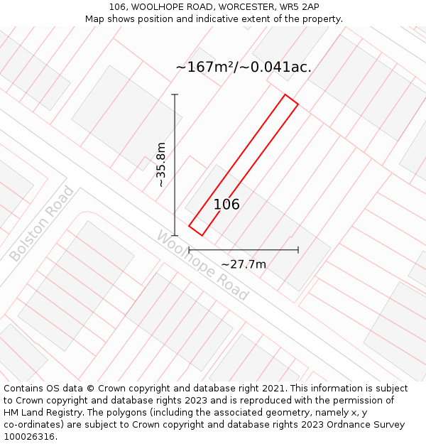 106, WOOLHOPE ROAD, WORCESTER, WR5 2AP: Plot and title map