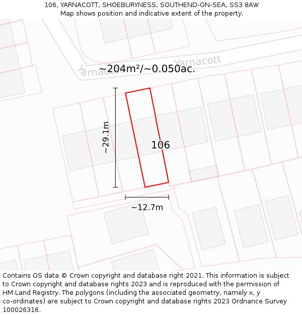 106, YARNACOTT, SHOEBURYNESS, SOUTHEND-ON-SEA, SS3 8AW: Plot and title map