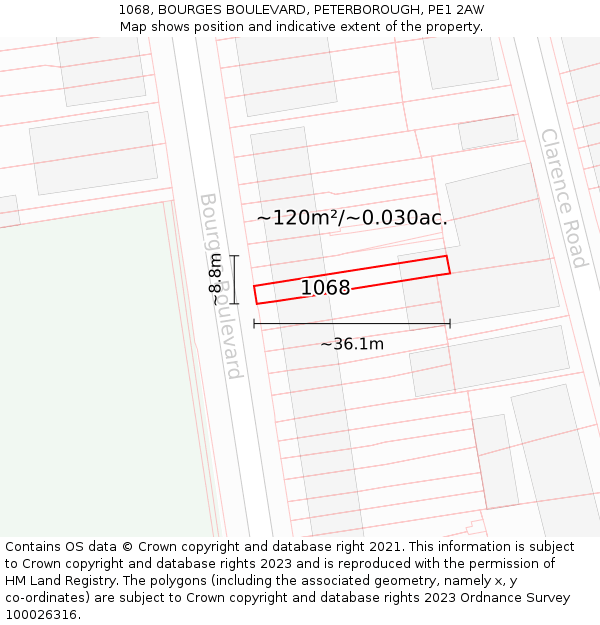 1068, BOURGES BOULEVARD, PETERBOROUGH, PE1 2AW: Plot and title map