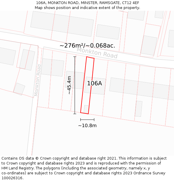106A, MONKTON ROAD, MINSTER, RAMSGATE, CT12 4EF: Plot and title map