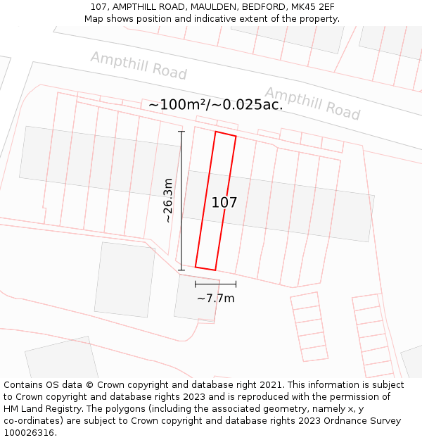 107, AMPTHILL ROAD, MAULDEN, BEDFORD, MK45 2EF: Plot and title map