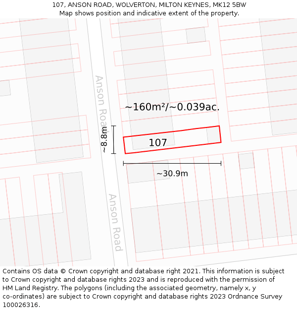107, ANSON ROAD, WOLVERTON, MILTON KEYNES, MK12 5BW: Plot and title map