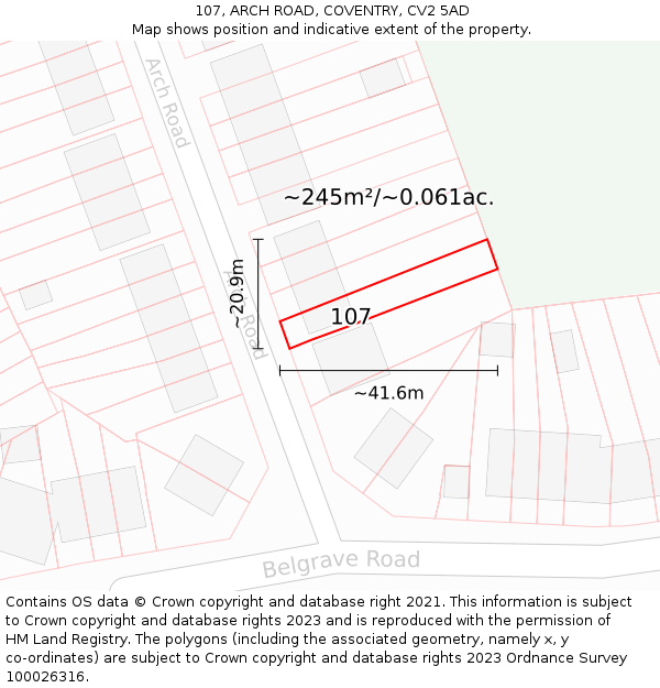 107, ARCH ROAD, COVENTRY, CV2 5AD: Plot and title map