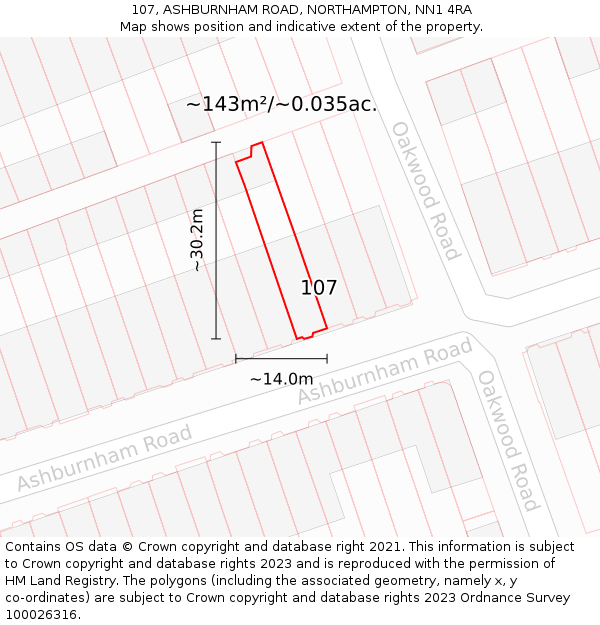 107, ASHBURNHAM ROAD, NORTHAMPTON, NN1 4RA: Plot and title map