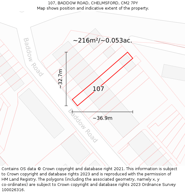 107, BADDOW ROAD, CHELMSFORD, CM2 7PY: Plot and title map