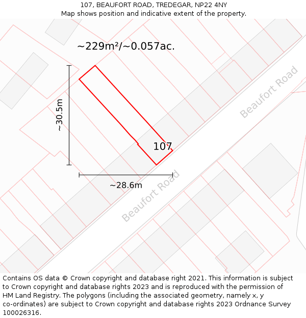 107, BEAUFORT ROAD, TREDEGAR, NP22 4NY: Plot and title map