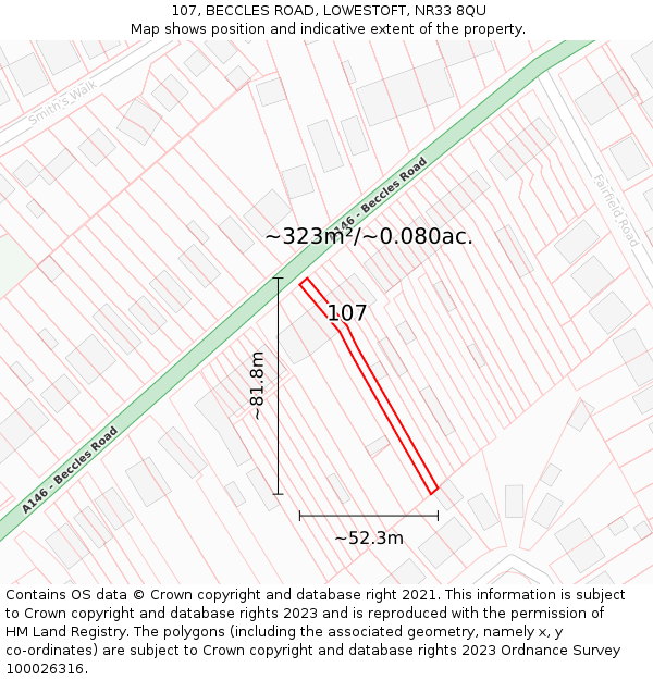 107, BECCLES ROAD, LOWESTOFT, NR33 8QU: Plot and title map