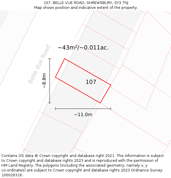 107, BELLE VUE ROAD, SHREWSBURY, SY3 7NJ: Plot and title map