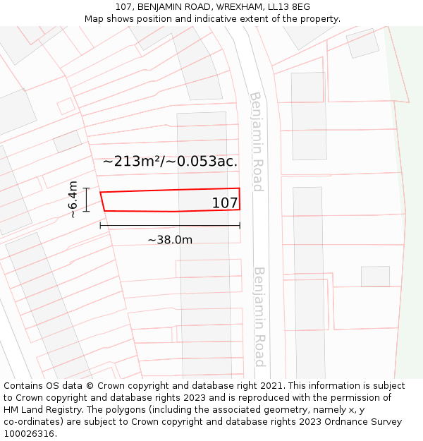 107, BENJAMIN ROAD, WREXHAM, LL13 8EG: Plot and title map