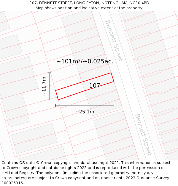 107, BENNETT STREET, LONG EATON, NOTTINGHAM, NG10 4RD: Plot and title map
