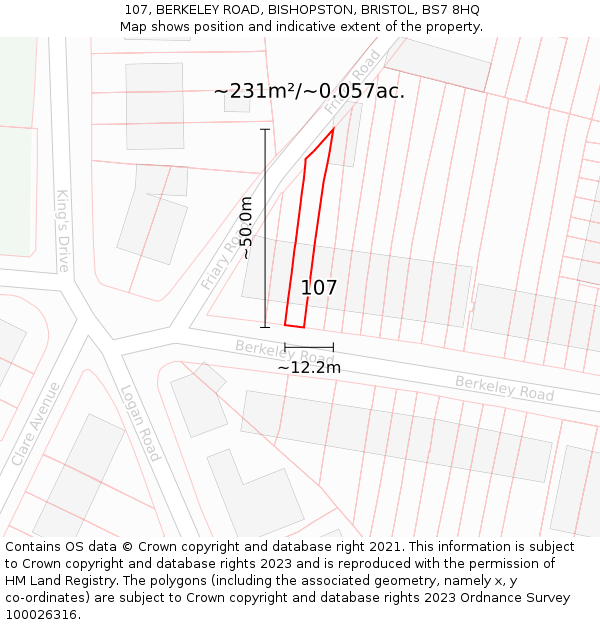 107, BERKELEY ROAD, BISHOPSTON, BRISTOL, BS7 8HQ: Plot and title map