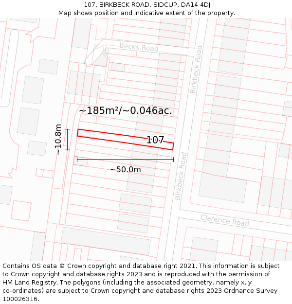 107, BIRKBECK ROAD, SIDCUP, DA14 4DJ: Plot and title map
