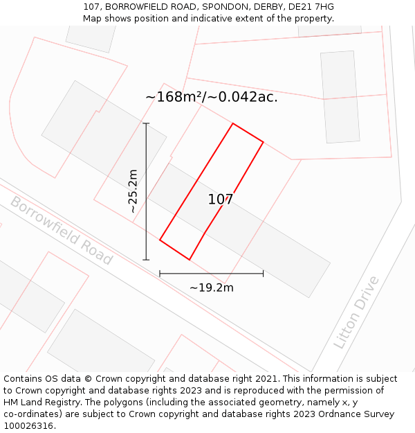 107, BORROWFIELD ROAD, SPONDON, DERBY, DE21 7HG: Plot and title map