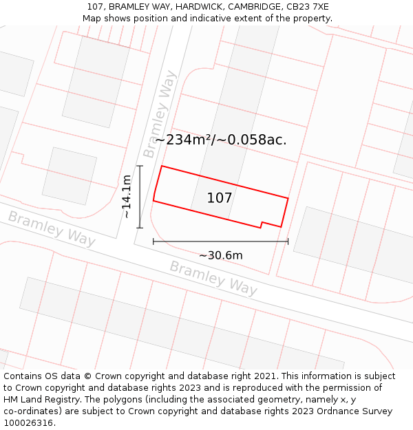 107, BRAMLEY WAY, HARDWICK, CAMBRIDGE, CB23 7XE: Plot and title map