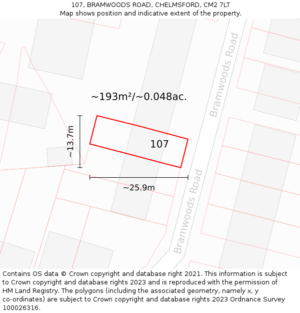 107, BRAMWOODS ROAD, CHELMSFORD, CM2 7LT: Plot and title map