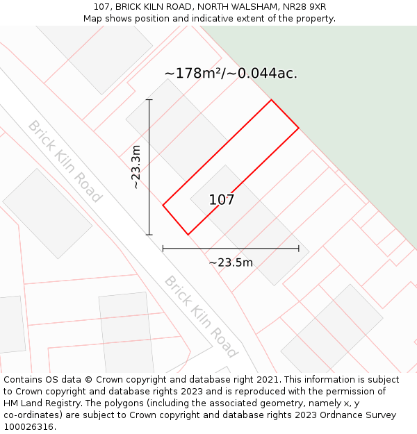 107, BRICK KILN ROAD, NORTH WALSHAM, NR28 9XR: Plot and title map