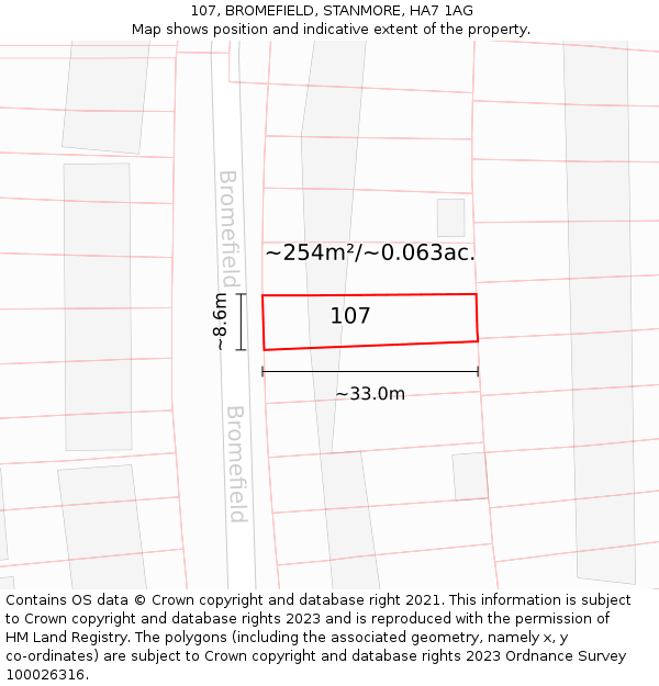 107, BROMEFIELD, STANMORE, HA7 1AG: Plot and title map