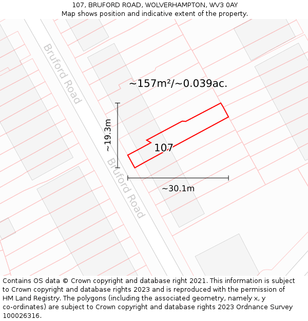 107, BRUFORD ROAD, WOLVERHAMPTON, WV3 0AY: Plot and title map