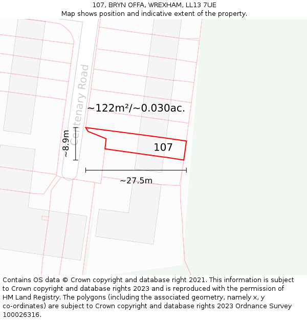 107, BRYN OFFA, WREXHAM, LL13 7UE: Plot and title map