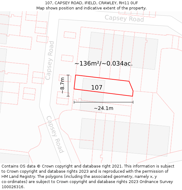 107, CAPSEY ROAD, IFIELD, CRAWLEY, RH11 0UF: Plot and title map