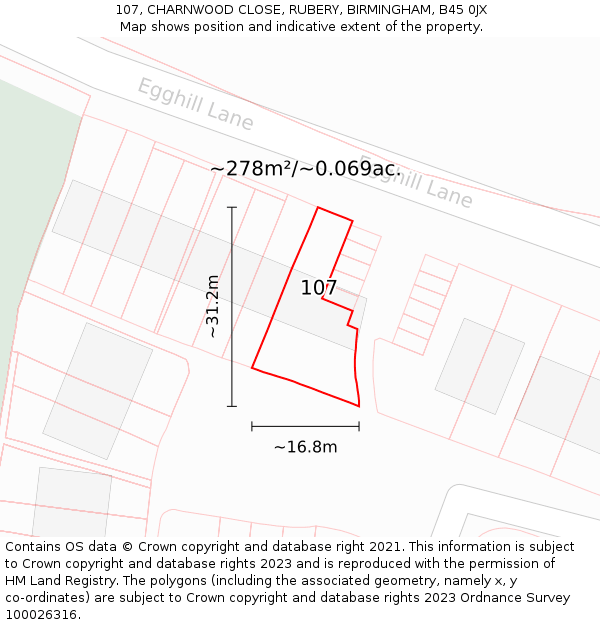 107, CHARNWOOD CLOSE, RUBERY, BIRMINGHAM, B45 0JX: Plot and title map