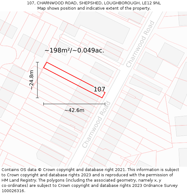 107, CHARNWOOD ROAD, SHEPSHED, LOUGHBOROUGH, LE12 9NL: Plot and title map