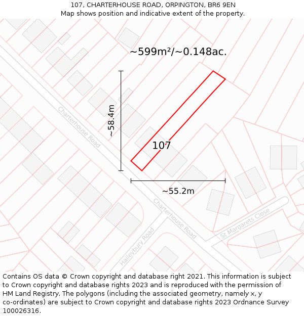 107, CHARTERHOUSE ROAD, ORPINGTON, BR6 9EN: Plot and title map