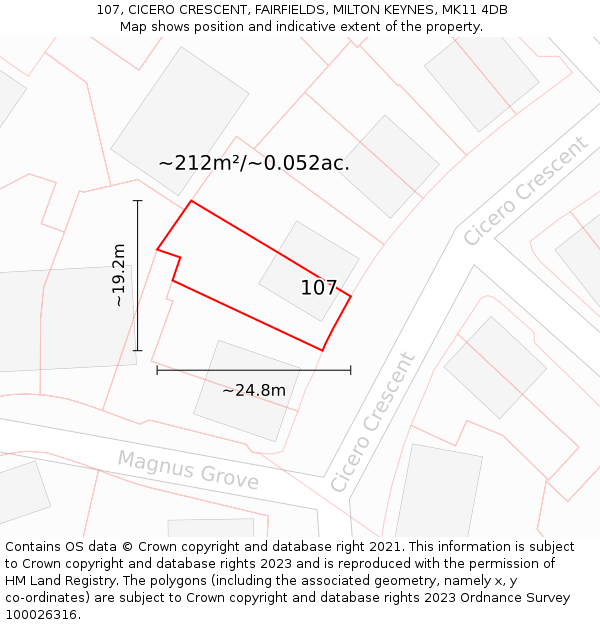 107, CICERO CRESCENT, FAIRFIELDS, MILTON KEYNES, MK11 4DB: Plot and title map