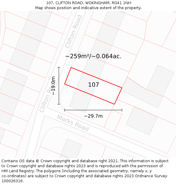 107, CLIFTON ROAD, WOKINGHAM, RG41 1NH: Plot and title map