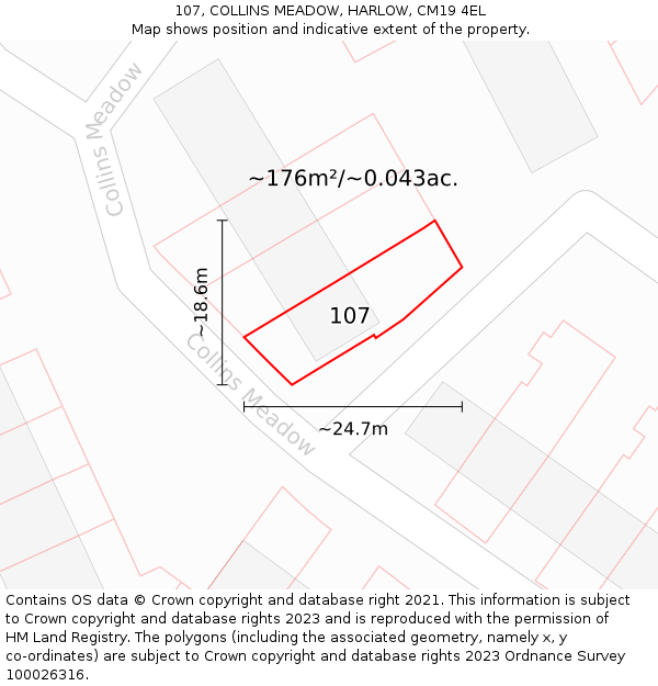 107, COLLINS MEADOW, HARLOW, CM19 4EL: Plot and title map